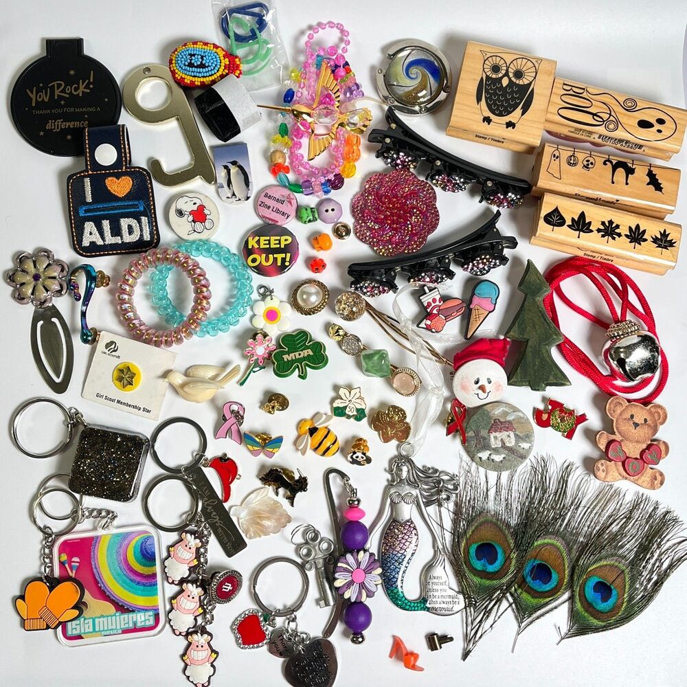 VTG - Now Junk Drawer Lot Pins Nic Nac Key Chain Hair Clips Craft Repurpose Mix